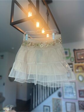 Beige Tiered Tulle Skirt with Gold Sequin Waistband
